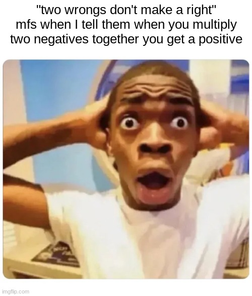 Black guy suprised | "two wrongs don't make a right" mfs when I tell them when you multiply two negatives together you get a positive | image tagged in black guy suprised | made w/ Imgflip meme maker