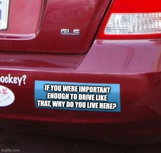 Remember kids, if you drive like you own the road, why do you live in a lousy house and drive such a crappy car? | IF YOU WERE IMPORTANT ENOUGH TO DRIVE LIKE THAT, WHY DO YOU LIVE HERE? | image tagged in bumper sticker,bad drivers,the truth,road,think about it | made w/ Imgflip meme maker