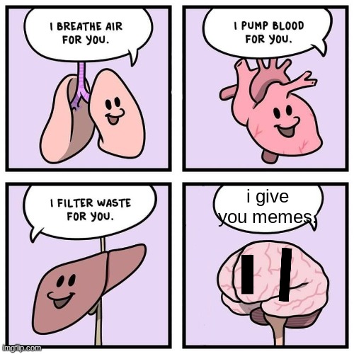 . | i give you memes. | image tagged in organs and brain | made w/ Imgflip meme maker