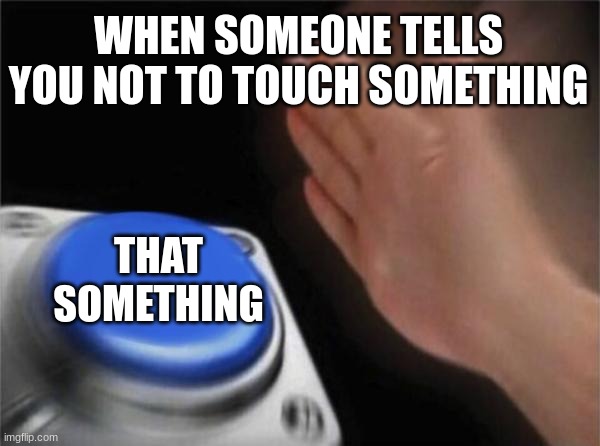REEEEEE | WHEN SOMEONE TELLS YOU NOT TO TOUCH SOMETHING; THAT SOMETHING | image tagged in memes,blank nut button | made w/ Imgflip meme maker