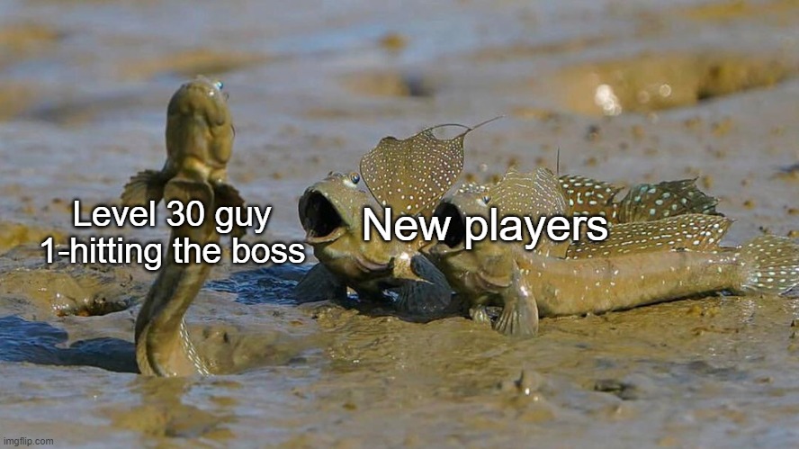 Impressed Mudskippers POG | New players; Level 30 guy 1-hitting the boss | image tagged in impressed mudskippers pog | made w/ Imgflip meme maker