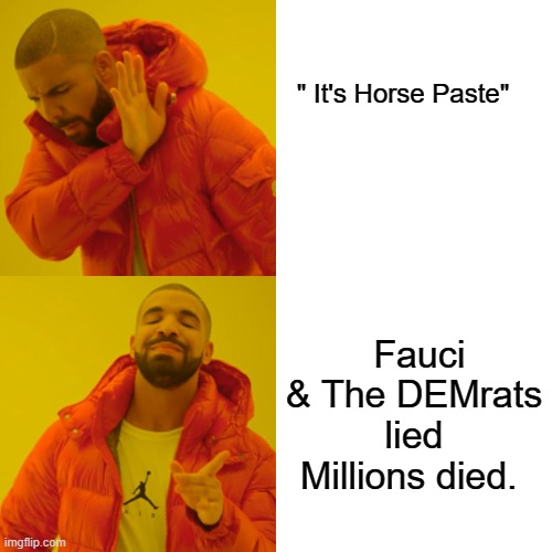 IT'll kill you , hundreds dieing from overdose ,overdoses lined up at hospitals.. All NWO DEMRAT LIES back by the LIEING NWO MSM | " It's Horse Paste"; Fauci & The DEMrats lied Millions died. | image tagged in memes,drake hotline bling | made w/ Imgflip meme maker