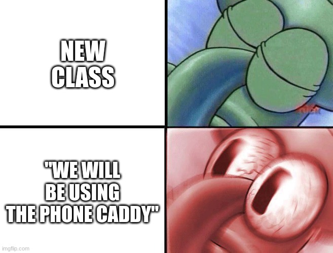 We What | NEW CLASS; "WE WILL BE USING THE PHONE CADDY" | image tagged in sleeping squidward | made w/ Imgflip meme maker