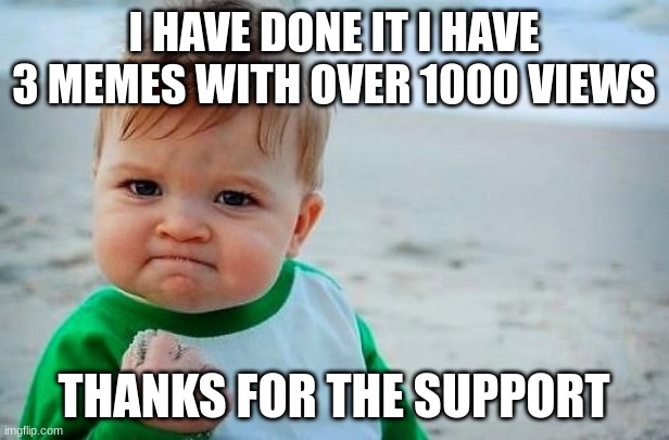 Thanks | I HAVE DONE IT I HAVE 3 MEMES WITH OVER 1000 VIEWS; THANKS FOR THE SUPPORT | image tagged in victory baby | made w/ Imgflip meme maker