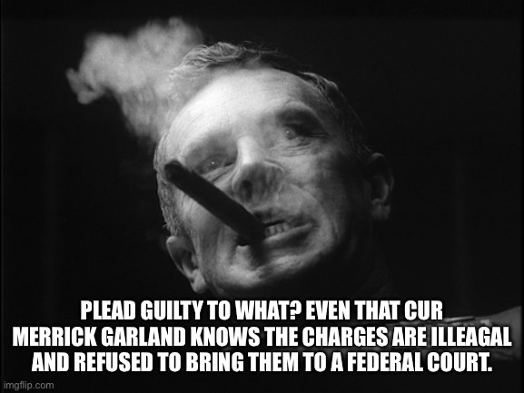 General Ripper (Dr. Strangelove) | PLEAD GUILTY TO WHAT? EVEN THAT CUR MERRICK GARLAND KNOWS THE CHARGES ARE ILLEAGAL AND REFUSED TO BRING THEM TO A FEDERAL COURT. | image tagged in general ripper dr strangelove | made w/ Imgflip meme maker