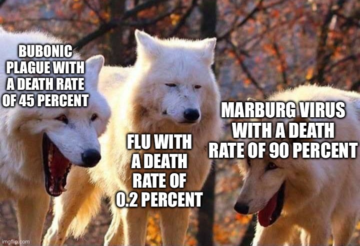 Viruses ☠️ | BUBONIC PLAGUE WITH A DEATH RATE OF 45 PERCENT; MARBURG VIRUS WITH A DEATH RATE OF 90 PERCENT; FLU WITH A DEATH RATE OF 0.2 PERCENT | image tagged in laughing wolf | made w/ Imgflip meme maker