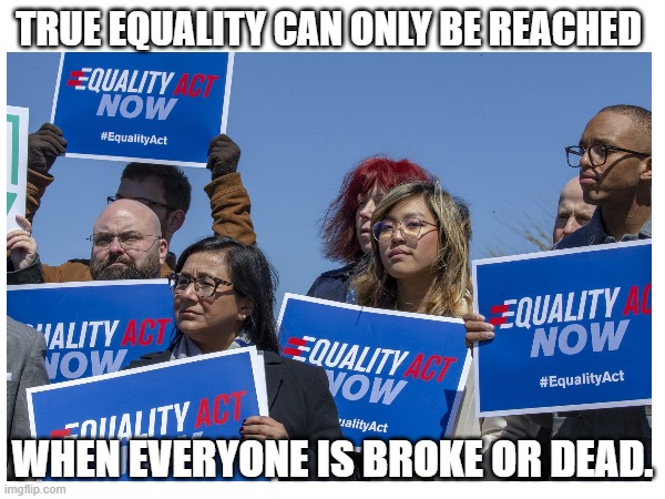 Equality | TRUE EQUALITY CAN ONLY BE REACHED; WHEN EVERYONE IS BROKE OR DEAD. | image tagged in memes,equity | made w/ Imgflip meme maker