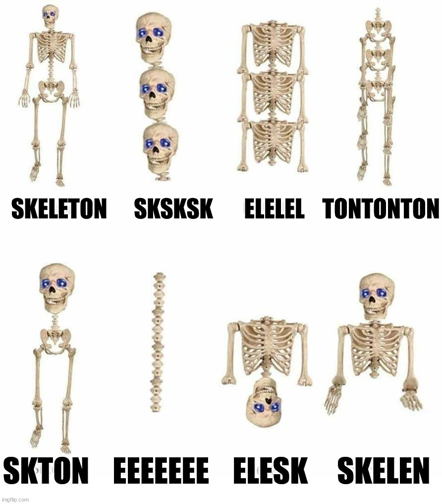 SKELETON      SKSKSK       ELELEL    TONTONTON; SKTON    EEEEEEE    ELESK     SKELEN | image tagged in blank white template | made w/ Imgflip meme maker