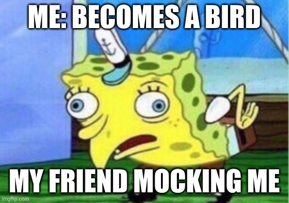 Mocking Spongebob | ME: BECOMES A BIRD; MY FRIEND MOCKING ME | image tagged in memes,mocking spongebob | made w/ Imgflip meme maker