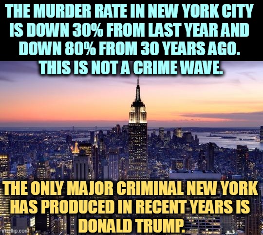 Republicans are lying about New York City. It's a lot safer than many Midwestern big cities. | THE MURDER RATE IN NEW YORK CITY 
IS DOWN 30% FROM LAST YEAR AND 
DOWN 80% FROM 30 YEARS AGO. 
THIS IS NOT A CRIME WAVE. THE ONLY MAJOR CRIMINAL NEW YORK 
HAS PRODUCED IN RECENT YEARS IS 
DONALD TRUMP. | image tagged in new york city,safe,republicans,liars | made w/ Imgflip meme maker