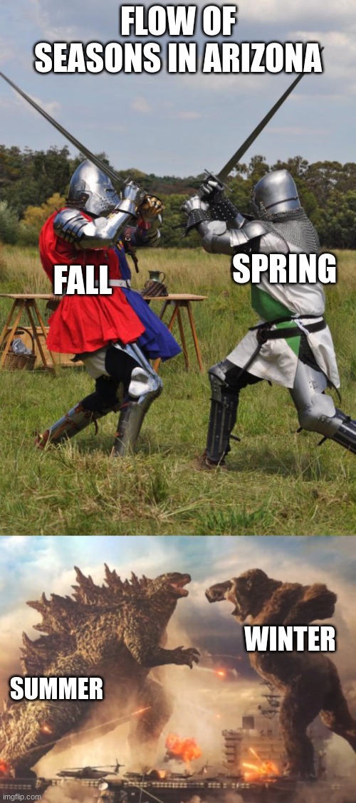 here comes the 105-120F dry summers... | FLOW OF SEASONS IN ARIZONA; SPRING; FALL; WINTER; SUMMER | image tagged in knights fighting,godzilla vs kong,arizona | made w/ Imgflip meme maker