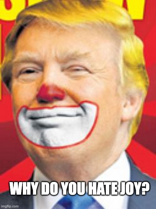 Donald Trump the Clown | WHY DO YOU HATE JOY? | image tagged in donald trump the clown | made w/ Imgflip meme maker