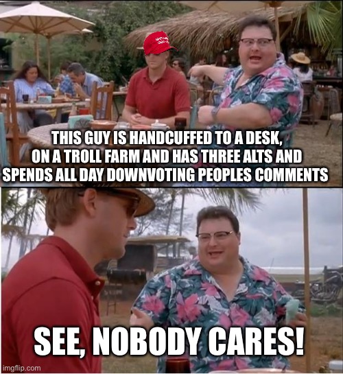 See Nobody Cares Meme | THIS GUY IS HANDCUFFED TO A DESK, ON A TROLL FARM AND HAS THREE ALTS AND SPENDS ALL DAY DOWNVOTING PEOPLES COMMENTS; SEE, NOBODY CARES! | image tagged in memes,see nobody cares | made w/ Imgflip meme maker