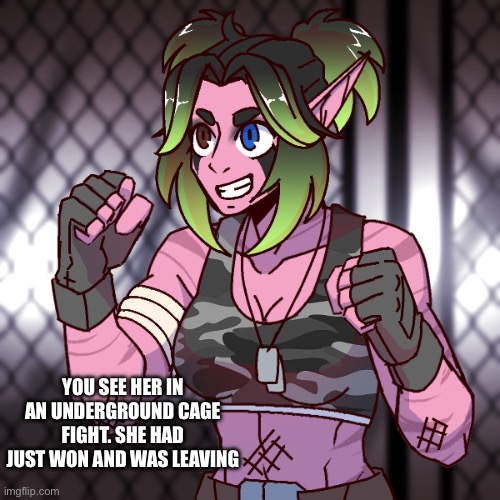 Romance is okay, no joke or Bambi ocs, no killing her | YOU SEE HER IN AN UNDERGROUND CAGE FIGHT. SHE HAD JUST WON AND WAS LEAVING | made w/ Imgflip meme maker