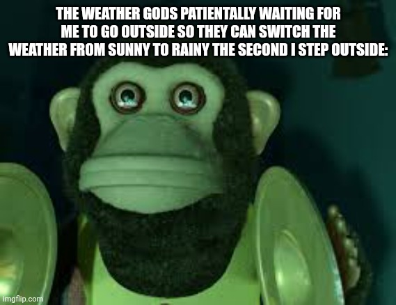 Toy Story Monkey | THE WEATHER GODS PATIENTALLY WAITING FOR ME TO GO OUTSIDE SO THEY CAN SWITCH THE WEATHER FROM SUNNY TO RAINY THE SECOND I STEP OUTSIDE: | image tagged in toy story monkey,memes,funny,funny memes,relatable,weather | made w/ Imgflip meme maker