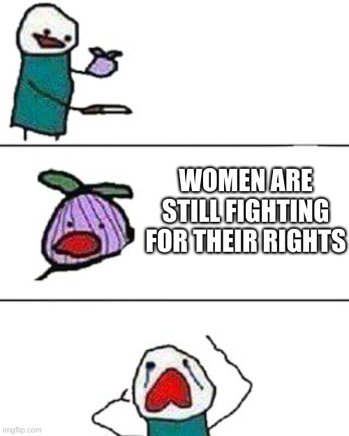 Made this meme during social studies | WOMEN ARE STILL FIGHTING FOR THEIR RIGHTS | image tagged in this onion won't make me cry | made w/ Imgflip meme maker