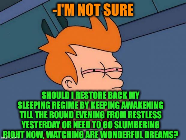 -Just with blinking eye. | -I'M NOT SURE; SHOULD I RESTORE BACK MY SLEEPING REGIME BY KEEPING AWAKENING TILL THE ROUND EVENING FROM RESTLESS YESTERDAY OR NEED TO GO SLUMBERING RIGHT NOW, WATCHING ARE WONDERFUL DREAMS? | image tagged in stoned fry,humanity restored,futurama,hey you going to sleep,back in my day,rest | made w/ Imgflip meme maker