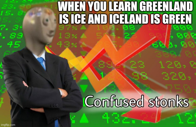 Confused Stonks | WHEN YOU LEARN GREENLAND IS ICE AND ICELAND IS GREEN | image tagged in confused stonks | made w/ Imgflip meme maker