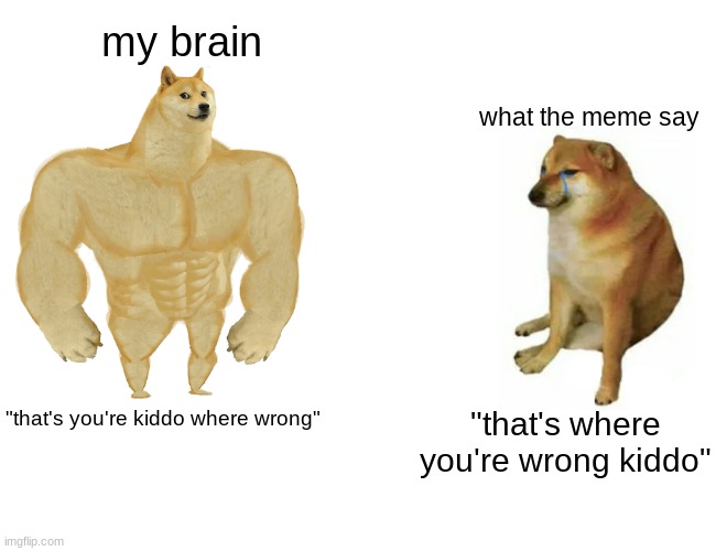 "that's you're kiddo where wrong" "that's where you're wrong kiddo" my brain what the meme say | image tagged in memes,buff doge vs cheems | made w/ Imgflip meme maker