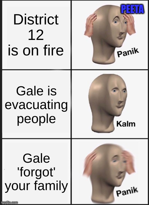 Panik Kalm Panik | PEETA; District 12 is on fire; Gale is evacuating people; Gale 'forgot' your family | image tagged in memes,panik kalm panik | made w/ Imgflip meme maker