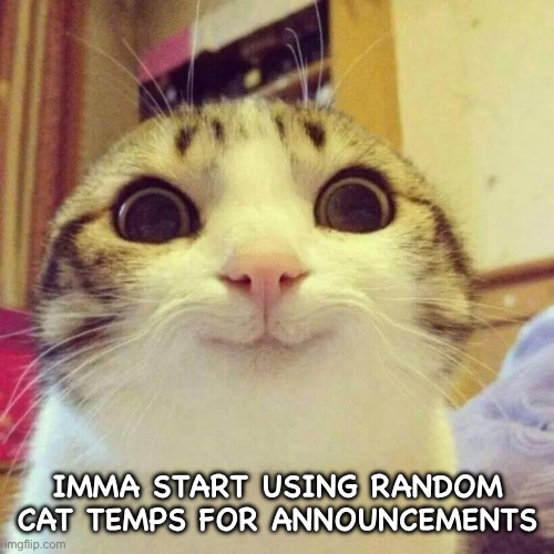 Smiling Cat Meme | IMMA START USING RANDOM CAT TEMPS FOR ANNOUNCEMENTS | image tagged in memes,smiling cat | made w/ Imgflip meme maker