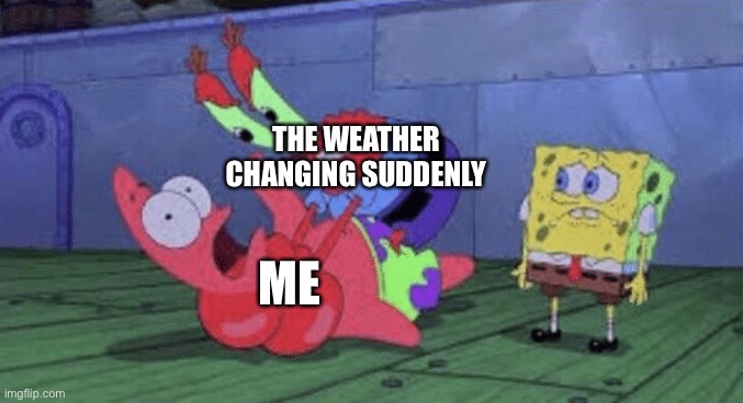 Mr. Krabs Choking Patrick | THE WEATHER CHANGING SUDDENLY ME | image tagged in mr krabs choking patrick | made w/ Imgflip meme maker