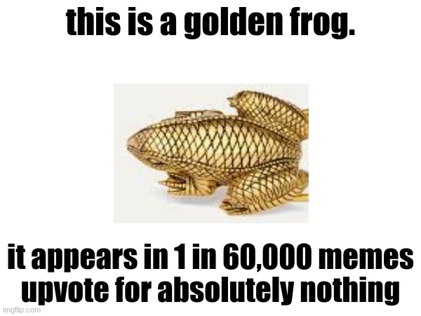 golden frog | this is a golden frog. it appears in 1 in 60,000 memes
upvote for absolutely nothing | image tagged in frog,meme | made w/ Imgflip meme maker
