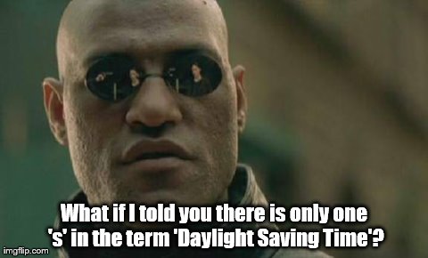 Matrix Morpheus Meme | What if I told you there is only one 's' in the term 'Daylight Saving Time'? | image tagged in memes,matrix morpheus | made w/ Imgflip meme maker