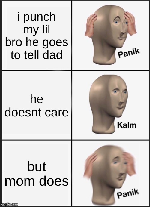 true tbh | i punch my lil bro he goes to tell dad; he doesnt care; but mom does | image tagged in memes,panik kalm panik | made w/ Imgflip meme maker