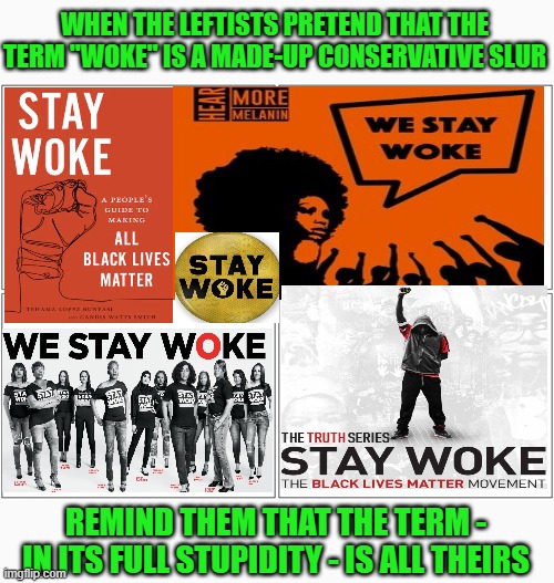 My response to the latest craze of leftists demanding conservatives to define the term "woke" | WHEN THE LEFTISTS PRETEND THAT THE TERM "WOKE" IS A MADE-UP CONSERVATIVE SLUR; REMIND THEM THAT THE TERM - IN ITS FULL STUPIDITY - IS ALL THEIRS | image tagged in woke,blm,leftists | made w/ Imgflip meme maker