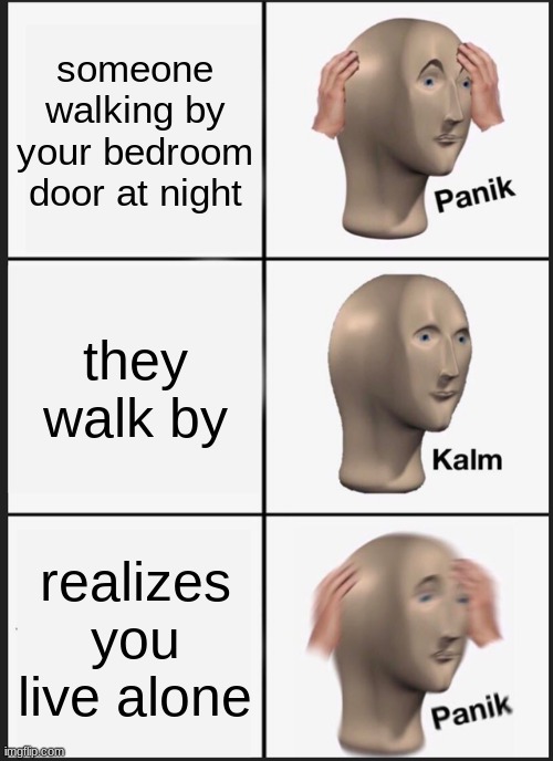 PANIK | someone walking by your bedroom door at night; they walk by; realizes you live alone | image tagged in memes,panik kalm panik | made w/ Imgflip meme maker