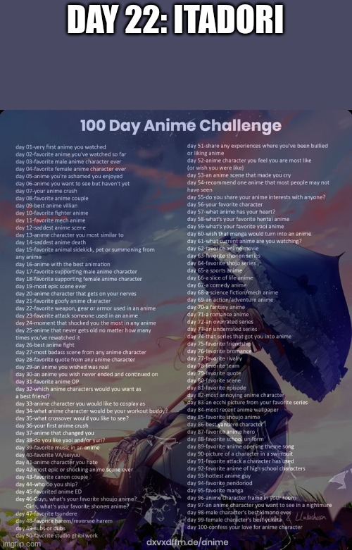 100 day anime challenge | DAY 22: ITADORI | image tagged in 100 day anime challenge | made w/ Imgflip meme maker