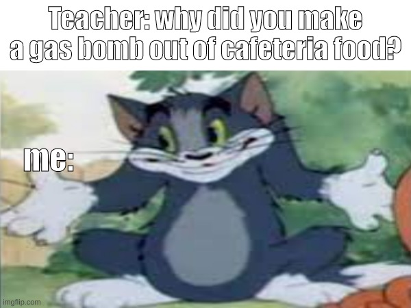 Teacher: why did you make a gas bomb out of cafeteria food? me: | image tagged in memes | made w/ Imgflip meme maker