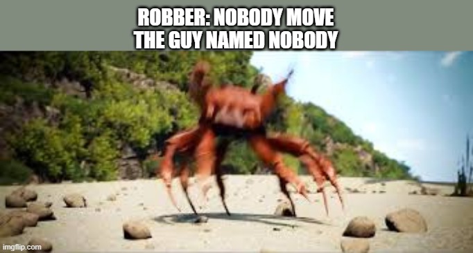crab rave | ROBBER: NOBODY MOVE
THE GUY NAMED NOBODY | image tagged in crab rave | made w/ Imgflip meme maker