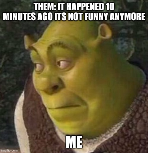 I do this a lot tbh | THEM: IT HAPPENED 10 MINUTES AGO ITS NOT FUNNY ANYMORE; ME | image tagged in shrek,jokes | made w/ Imgflip meme maker
