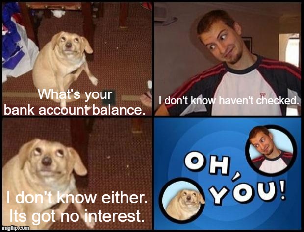 Oh You | I don't know haven't checked. What's your bank account balance. I don't know either. Its got no interest. | image tagged in oh you | made w/ Imgflip meme maker