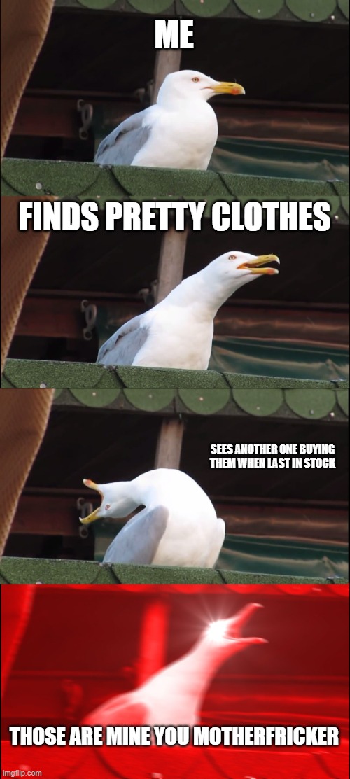 Inhaling Seagull | ME; FINDS PRETTY CLOTHES; SEES ANOTHER ONE BUYING THEM WHEN LAST IN STOCK; THOSE ARE MINE YOU MOTHERFRICKER | image tagged in memes,inhaling seagull | made w/ Imgflip meme maker