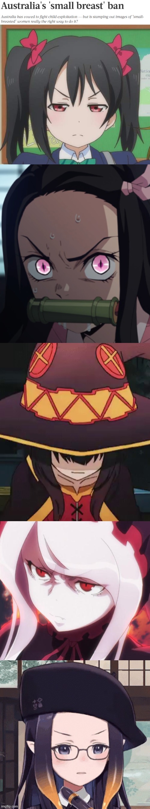 This will make every flat girl from every anime mad (Put every fav flat girl from an anime) | image tagged in konosuba,hololive,demon slayer,love live,overlord | made w/ Imgflip meme maker