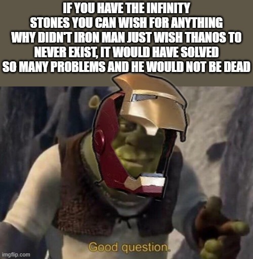 Oh, Snap | IF YOU HAVE THE INFINITY STONES YOU CAN WISH FOR ANYTHING
WHY DIDN'T IRON MAN JUST WISH THANOS TO NEVER EXIST, IT WOULD HAVE SOLVED SO MANY PROBLEMS AND HE WOULD NOT BE DEAD | image tagged in shrek good question,iron man,shrek | made w/ Imgflip meme maker