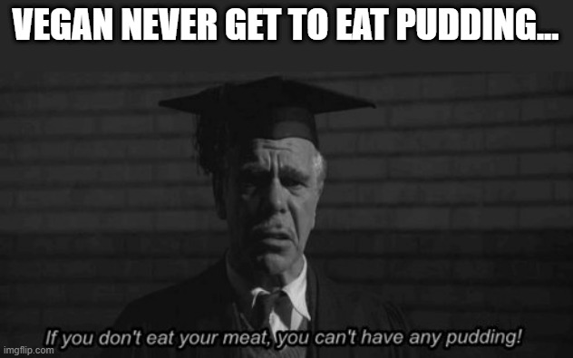 No Pudding | VEGAN NEVER GET TO EAT PUDDING... | image tagged in eyeroll | made w/ Imgflip meme maker
