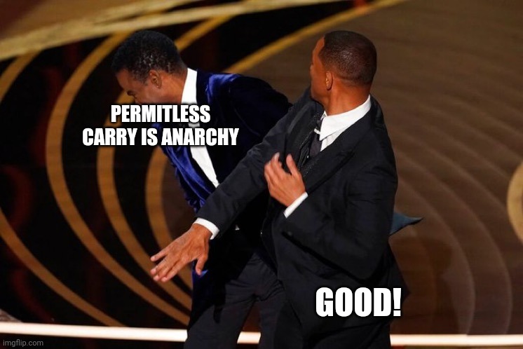Will Smith Slap | PERMITLESS CARRY IS ANARCHY; GOOD! | image tagged in will smith slap | made w/ Imgflip meme maker