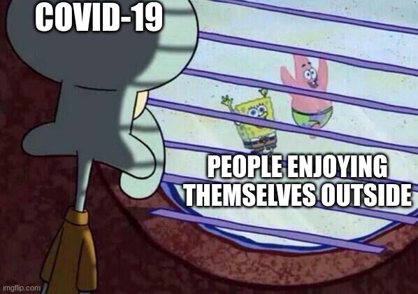 Squidward window | COVID-19; PEOPLE ENJOYING THEMSELVES OUTSIDE | image tagged in squidward window | made w/ Imgflip meme maker