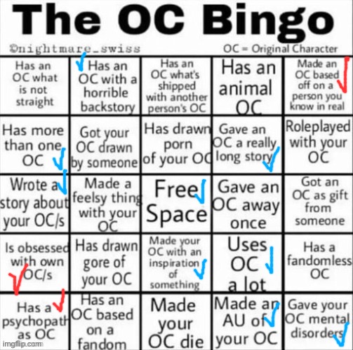 i saw this oc bingo in this stream so i decided to do it, some may be confusing so explanation in comments | image tagged in the oc bingo,bingo,yes | made w/ Imgflip meme maker
