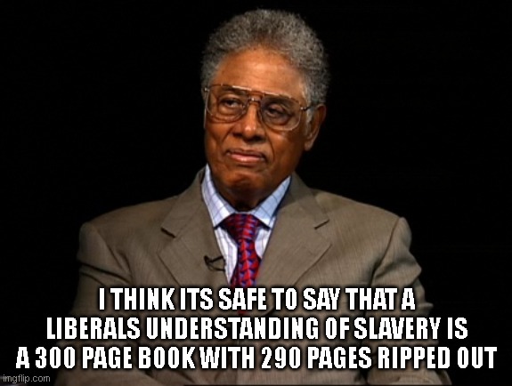 Thomas Sowell | I THINK ITS SAFE TO SAY THAT A LIBERALS UNDERSTANDING OF SLAVERY IS A 300 PAGE BOOK WITH 290 PAGES RIPPED OUT | image tagged in thomas sowell | made w/ Imgflip meme maker