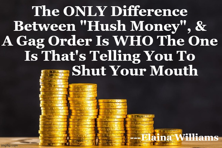 gold stack | The ONLY Difference Between "Hush Money", & A Gag Order Is WHO The One Is That's Telling You To
              Shut Your Mouth; ---Elaina Williams | image tagged in gold stack | made w/ Imgflip meme maker