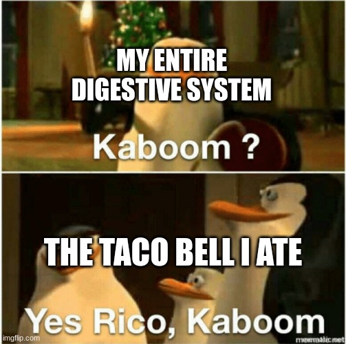 Taco Bell meal | MY ENTIRE DIGESTIVE SYSTEM; THE TACO BELL I ATE | image tagged in kaboom yes rico kaboom,taco bell,explosion | made w/ Imgflip meme maker