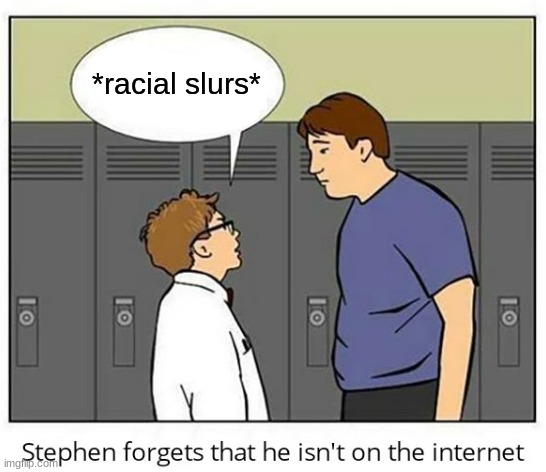 stephen forgot that he isn't on the internet | *racial slurs* | image tagged in stephen forgot that he isn't on the internet | made w/ Imgflip meme maker