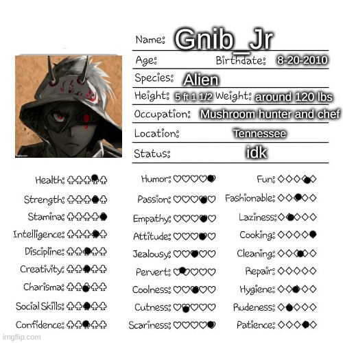 Profile card | Gnib_Jr; 8-20-2010; Alien; around 120 lbs; 5 ft 1 1/2; Mushroom hunter and chef; Tennessee; idk | image tagged in profile card | made w/ Imgflip meme maker