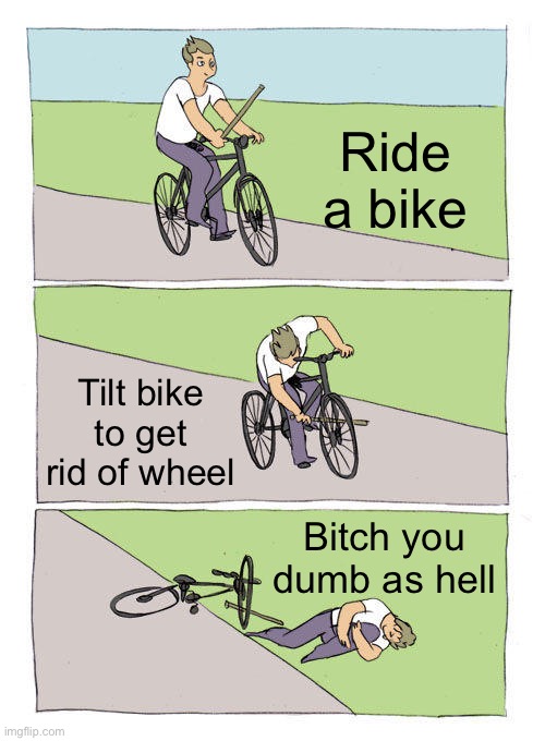 Bike Fall Meme | Ride a bike; Tilt bike to get rid of wheel; Bitch you dumb as hell | image tagged in memes,bike fall | made w/ Imgflip meme maker