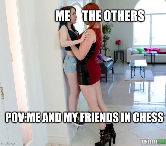i'm booty at chess |  ME     THE OTHERS; POV:ME AND MY FRIENDS IN CHESS | image tagged in tall girl pushing tiny girl against wall,chess,funny memes,relatable,fun | made w/ Imgflip meme maker